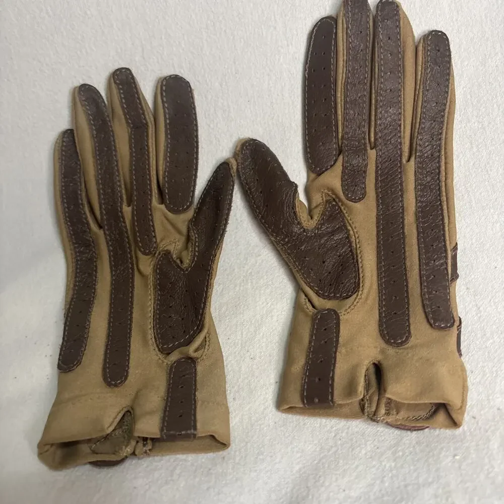 Vintage Aris Isotoner Gloves One Size Strtch Camel Brown Antron Nylon Leather - Picture 3 of 6